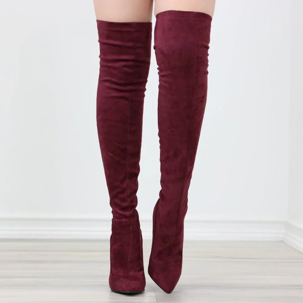 Wine Women's Thigh High Boots Faux Suede Pointed Toe Stilettos - Picture 3 of 15
